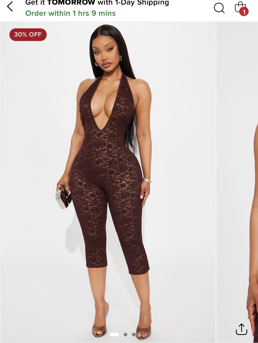 Fashion Nova Deep V Backless Lace Halter Jumpsuit - Chocolate Brown
